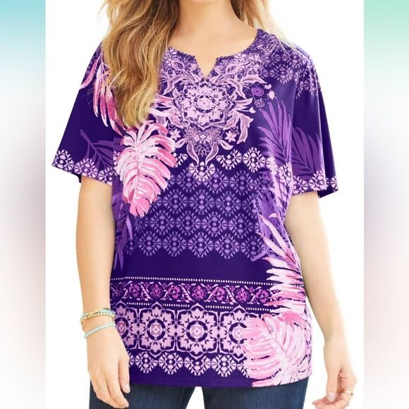 CATHERINES Women's Plus Size Ethereal Tee Deep Grape Tropical - Picture 1 of 6